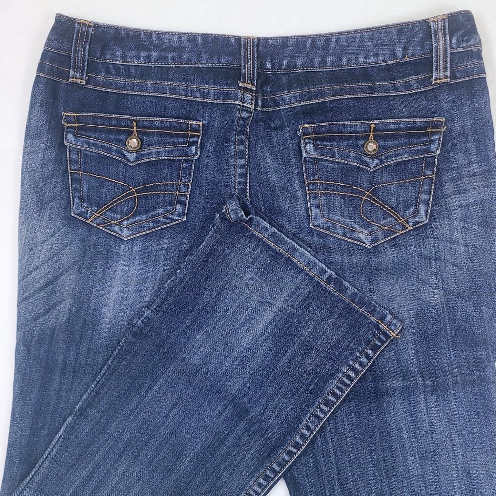 INC Jeans size 16 Flap Pocket Bootcut Midrise Crystal Button Stretch EUC 33L